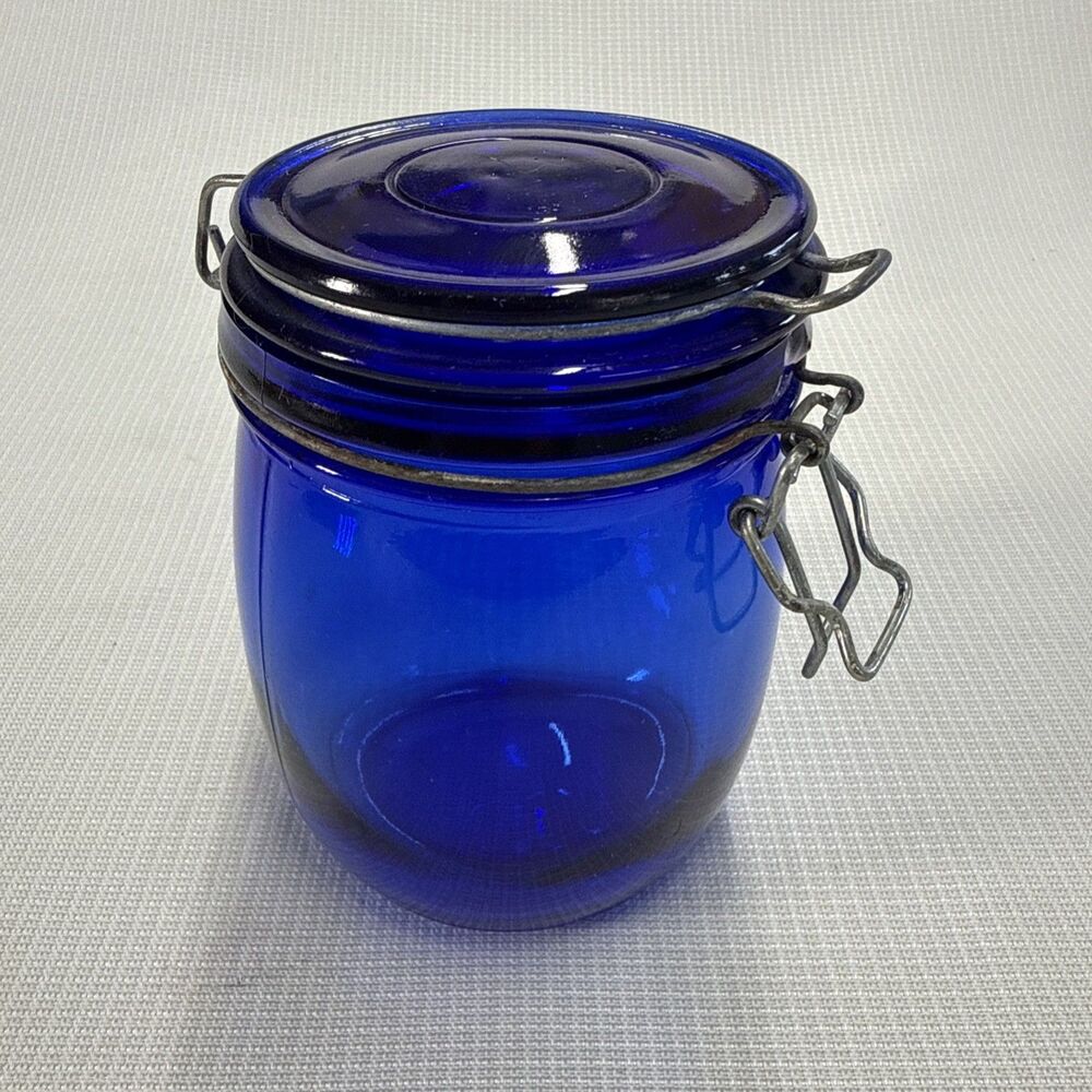 RARE! Vintage Cobalt Blue Glass Storage Jar Wire Bale Gasket Lid 5.75" Tall MCM